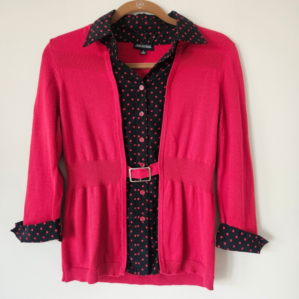 Notations Layered Cardigan Womens Small Red Polka Dot 2-in-1 Belted Cottagecore‎